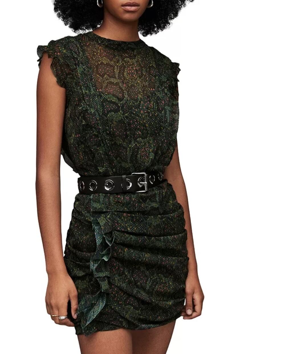 Allsaints Hali Tamora Snake Print Mini Dress Khaki Green Sz 6 NWT Ruffles Lined